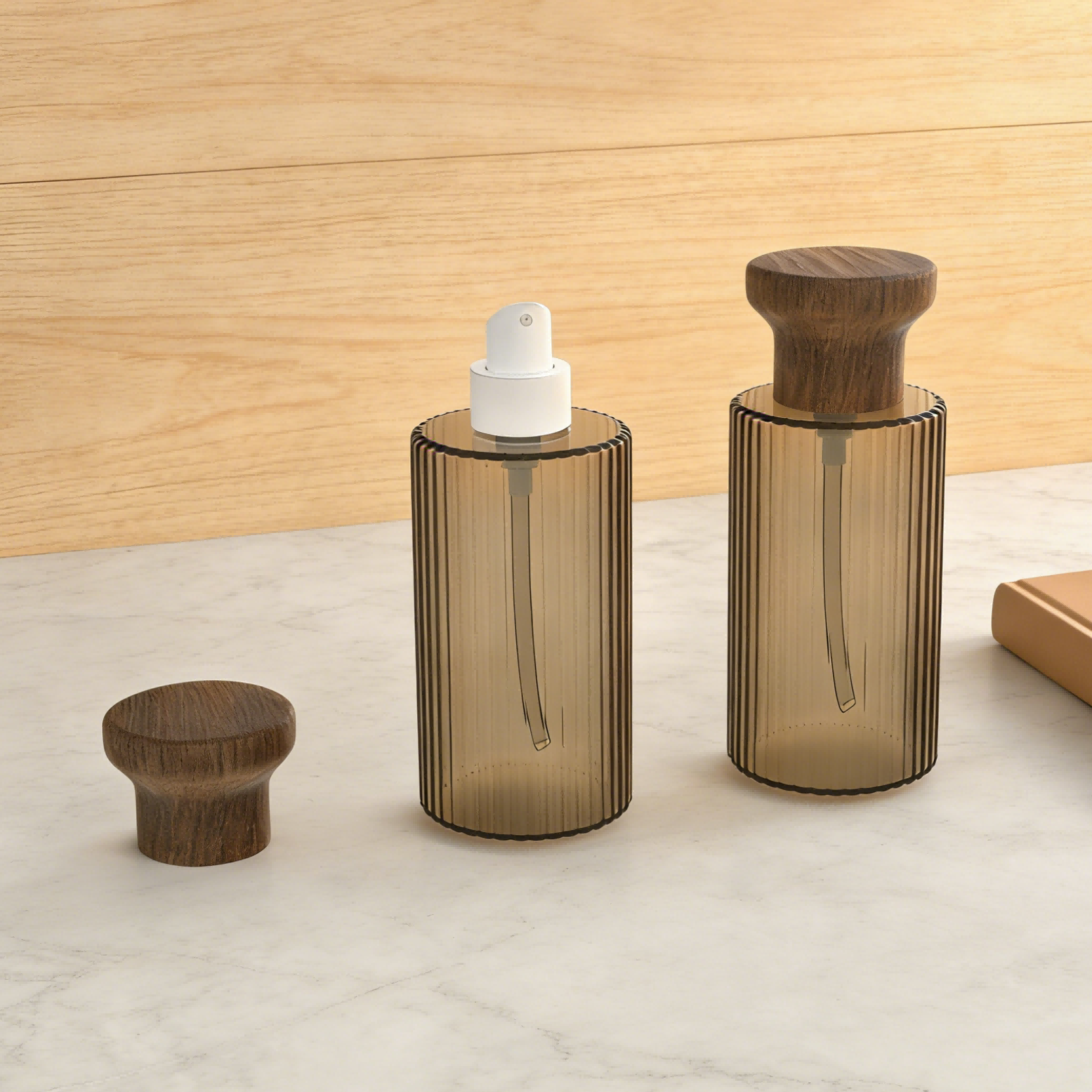 Vertical ribbed cylindrical spray bottle with interchangeable hourglass natural wood protective cap, fine mist pump empty refillable skincare mist container